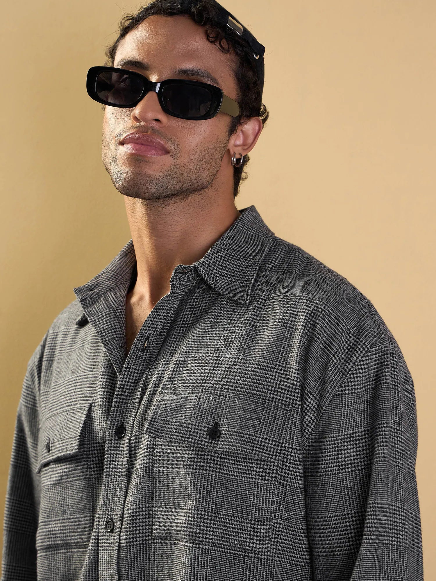 Men's Grey Check Flap Pocket Cotton Oversize Shirt