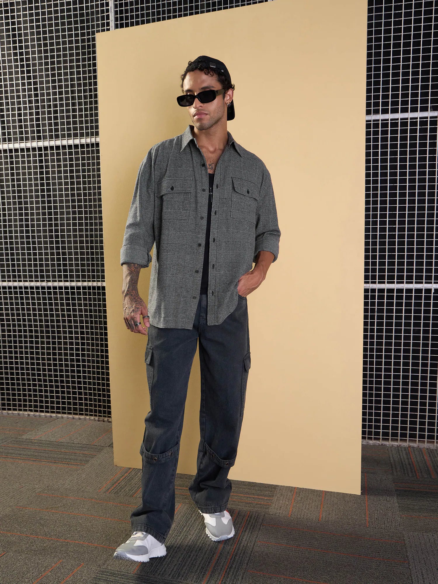 Men's Grey Check Flap Pocket Cotton Oversize Shirt