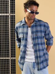 Men Grey & Blue Check Raw Edge Hem Oversize Shirt-MSSHRT20486