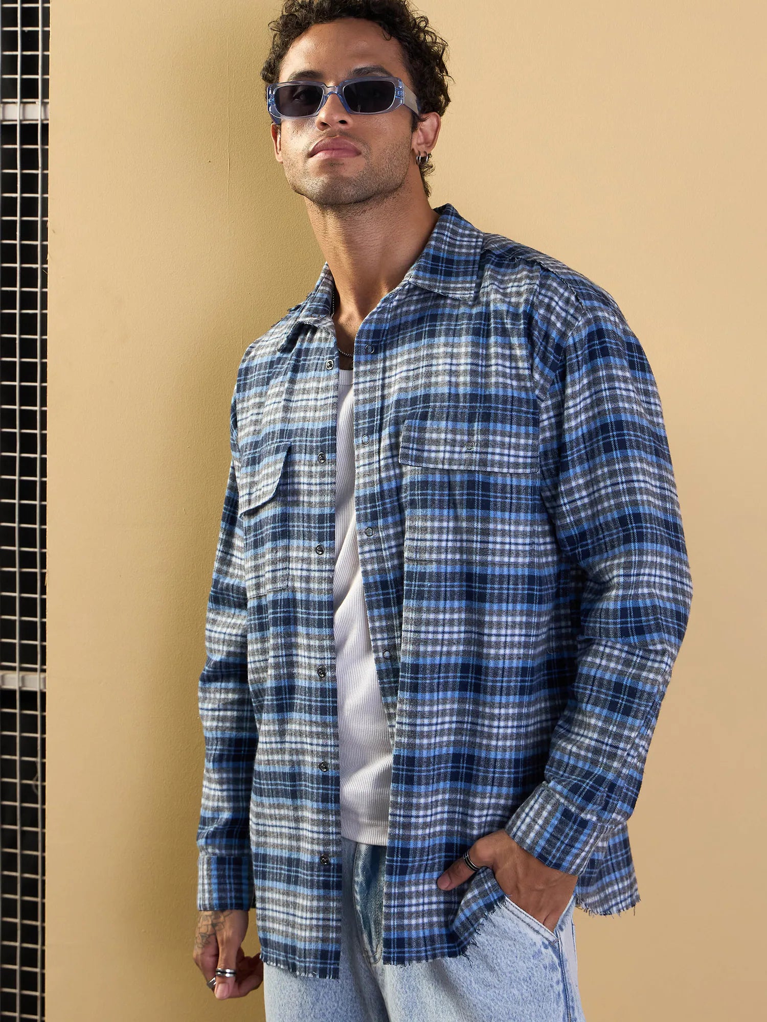 Men's Grey & Blue Check Cotton Shirt - Oversized Fit