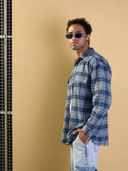Men Grey & Blue Check Raw Edge Hem Oversize Shirt-MSSHRT20486