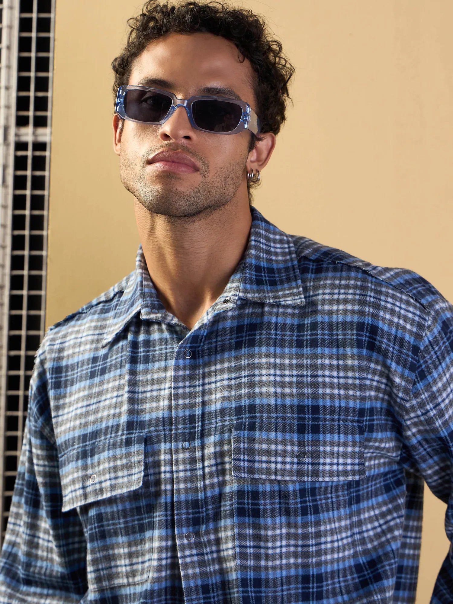 Men's Grey & Blue Check Cotton Shirt - Oversized Fit