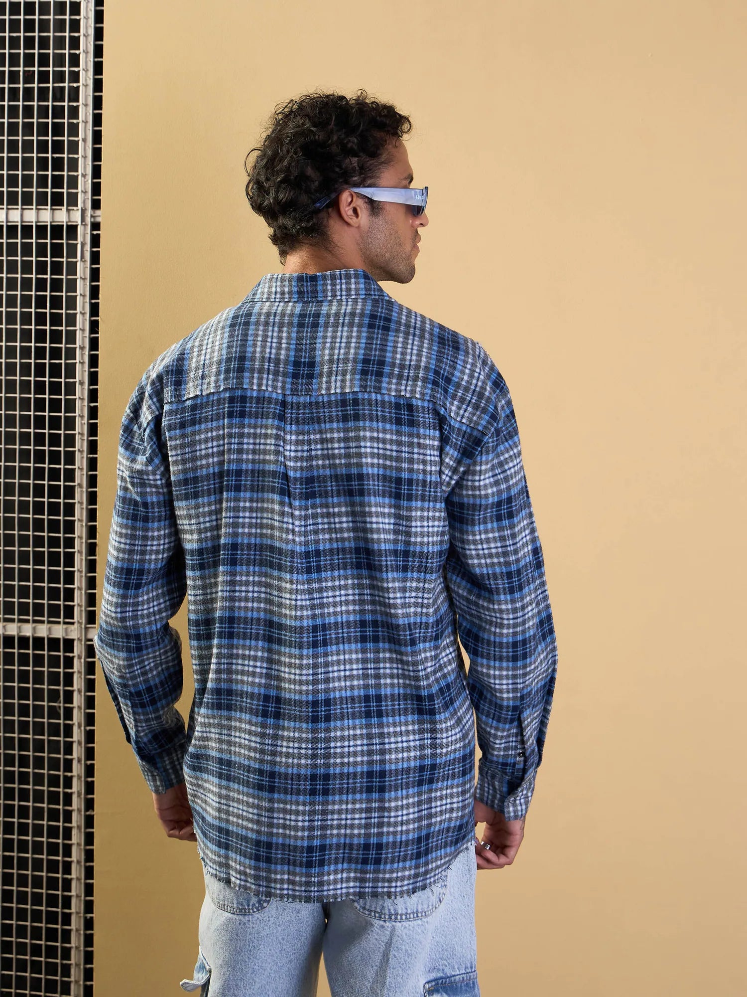 Men's Grey & Blue Check Cotton Shirt - Oversized Fit