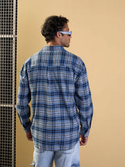 Men Grey & Blue Check Raw Edge Hem Oversize Shirt-MSSHRT20486