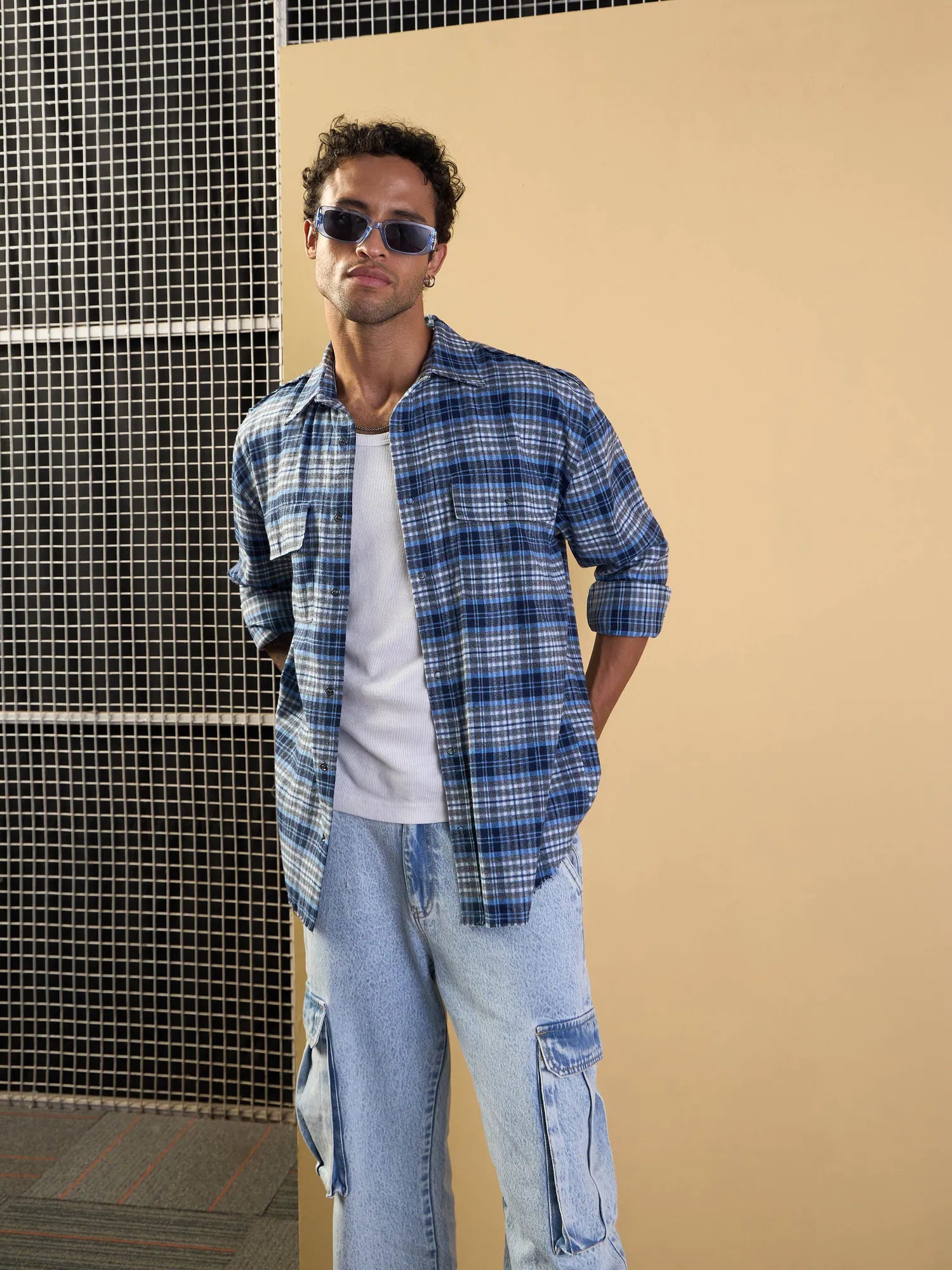 Men's Grey & Blue Check Cotton Shirt - Oversized Fit