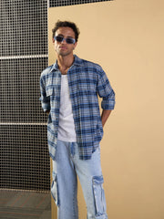 Men Grey & Blue Check Raw Edge Hem Oversize Shirt-MSSHRT20486