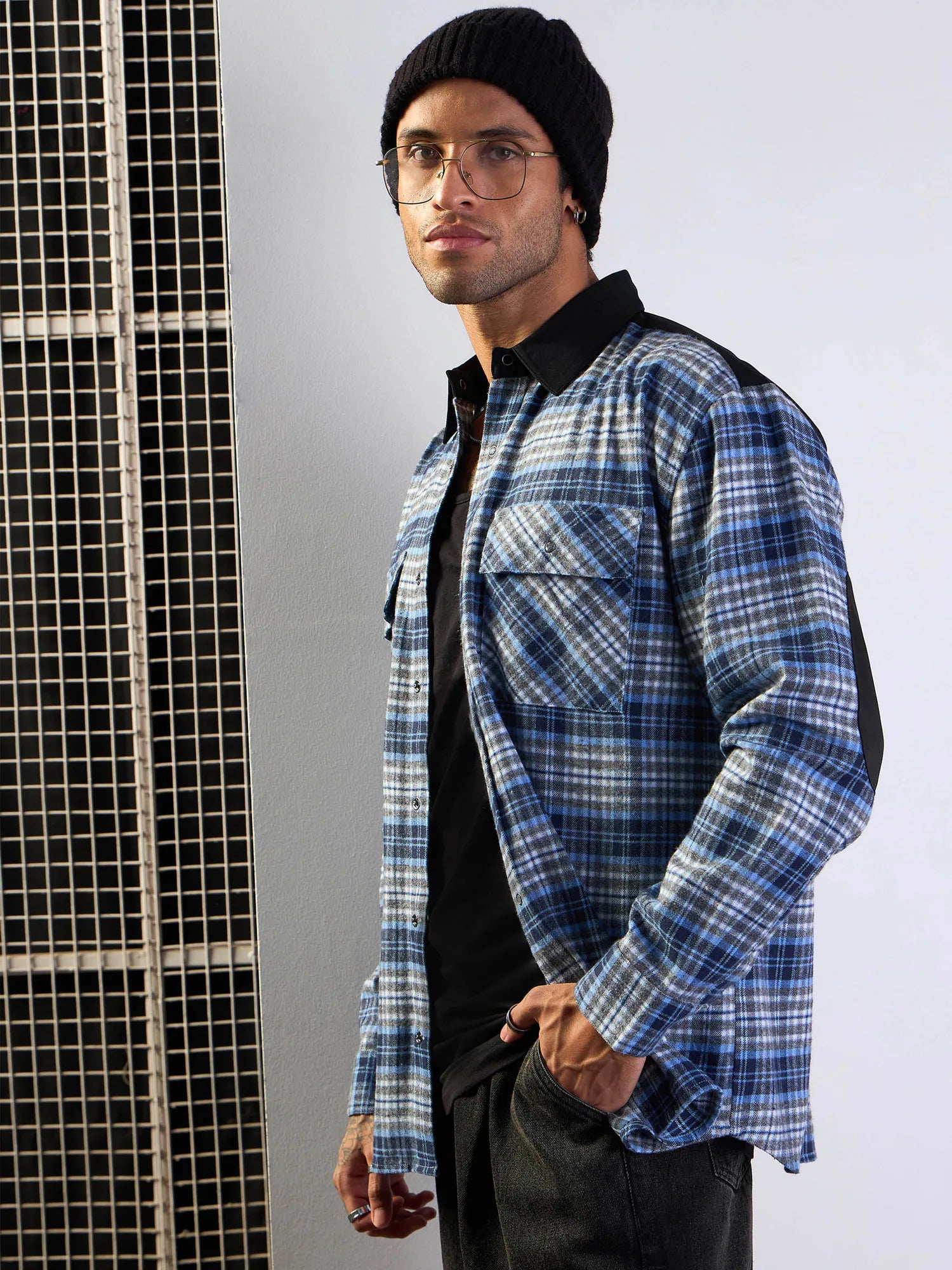 Oversize Checkered Men's Cotton Shirt with Elbow Patches