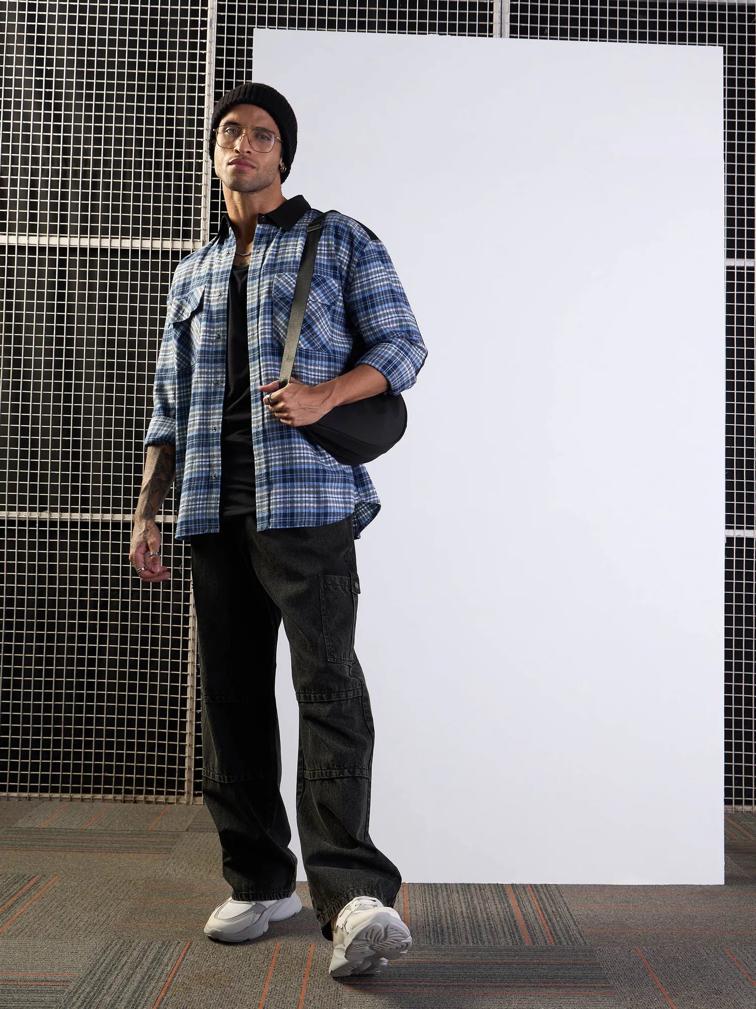 Oversize Checkered Men's Cotton Shirt with Elbow Patches