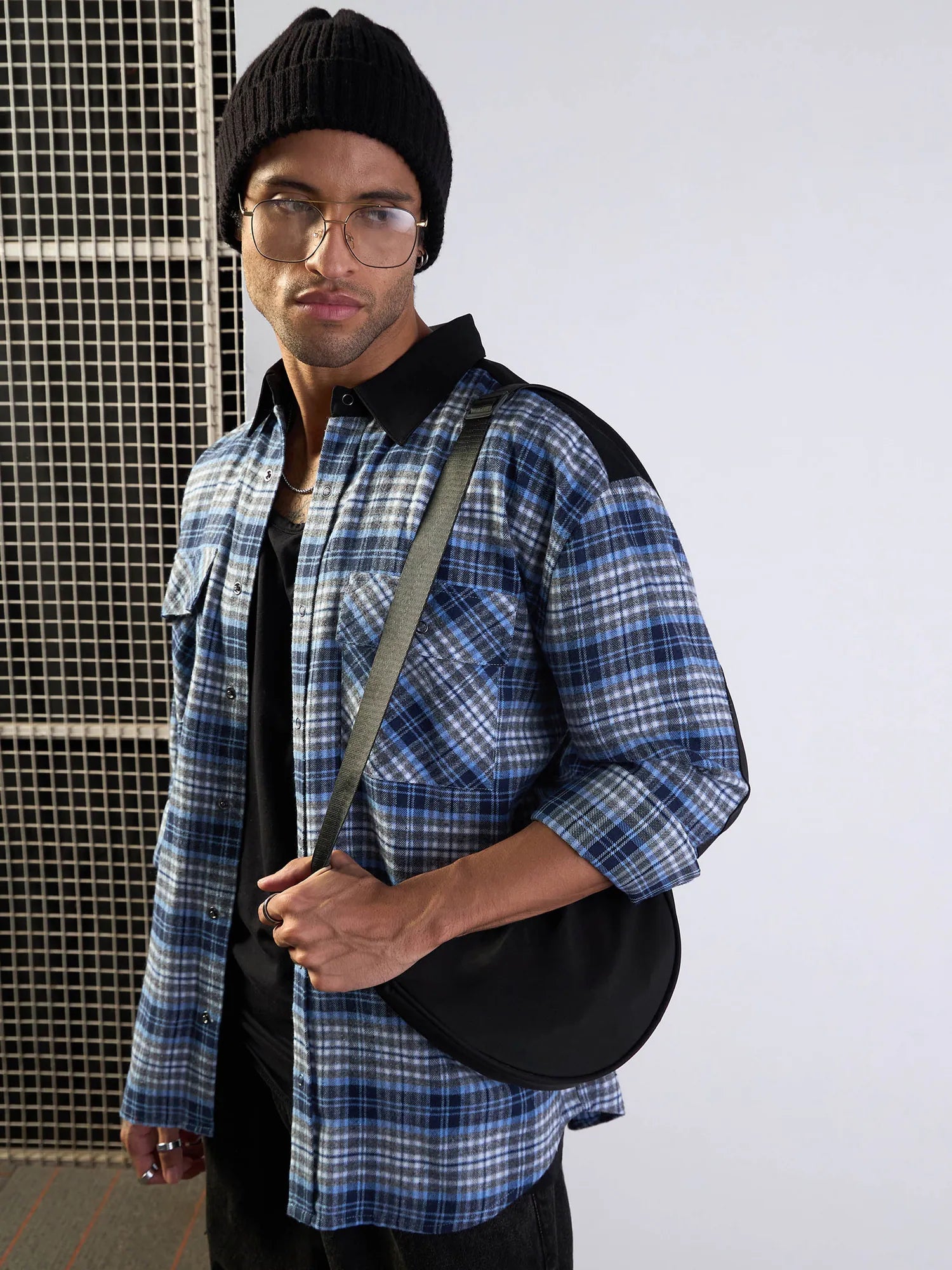 Oversize Checkered Men's Cotton Shirt with Elbow Patches