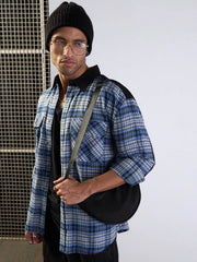 Men Grey & Blue Elbow Patch Oversize Check Shirt-MSSHRT20489