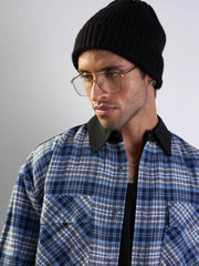 Men Grey & Blue Elbow Patch Oversize Check Shirt-MSSHRT20489