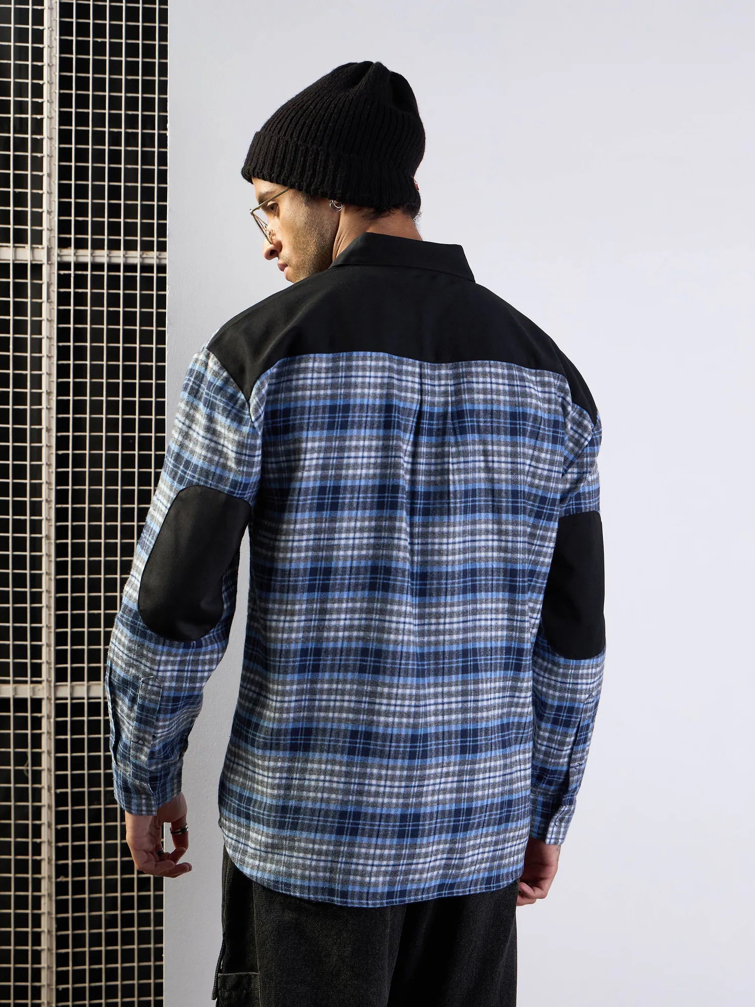 Oversize Checkered Men's Cotton Shirt with Elbow Patches