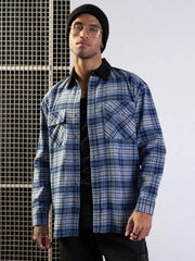 Men Grey & Blue Elbow Patch Oversize Check Shirt-MSSHRT20489