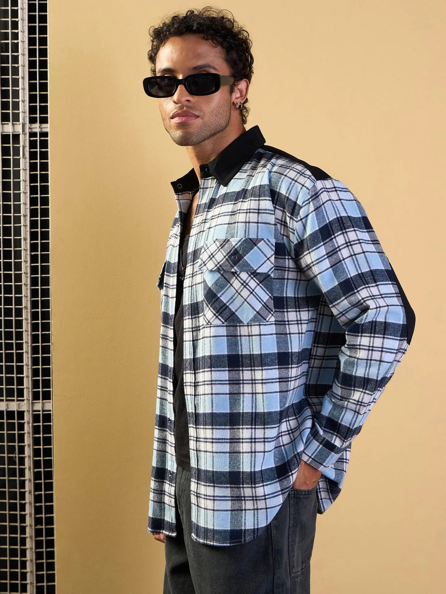 Blue & Navy Check Elbow Patch Cotton Oversize Mens Shirt