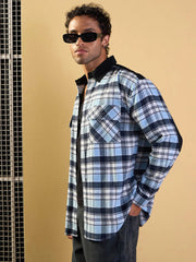 Men Blue & Navy Elbow Patch Oversize Check Shirt-MSSHRT20490
