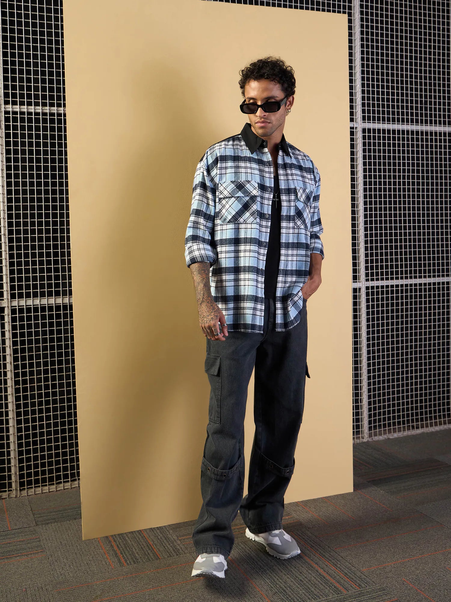 Blue & Navy Check Elbow Patch Cotton Oversize Mens Shirt