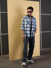 Men Blue & Navy Elbow Patch Oversize Check Shirt-MSSHRT20490
