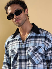 Men Blue & Navy Elbow Patch Oversize Check Shirt-MSSHRT20490