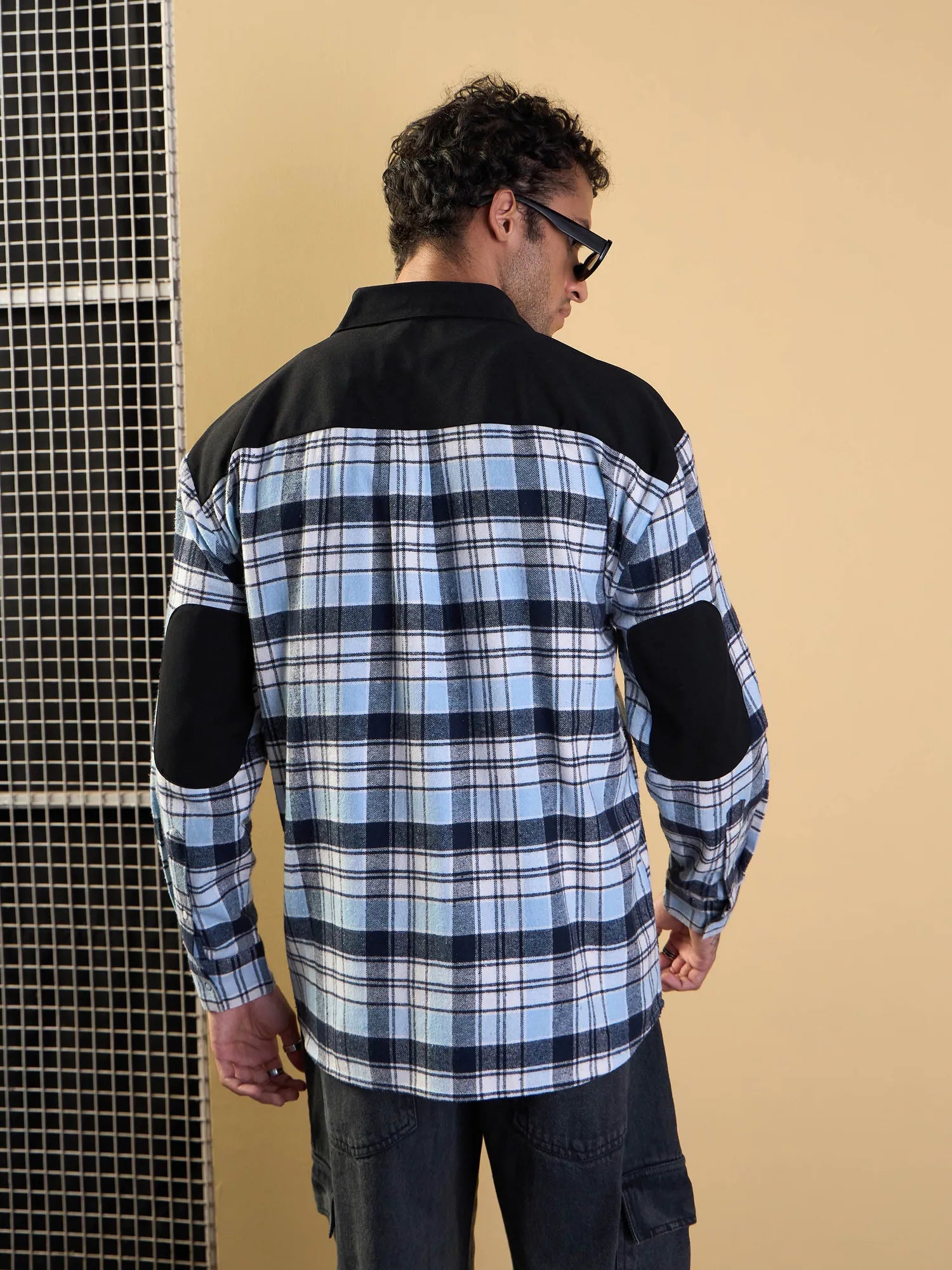 Blue & Navy Check Elbow Patch Cotton Oversize Mens Shirt