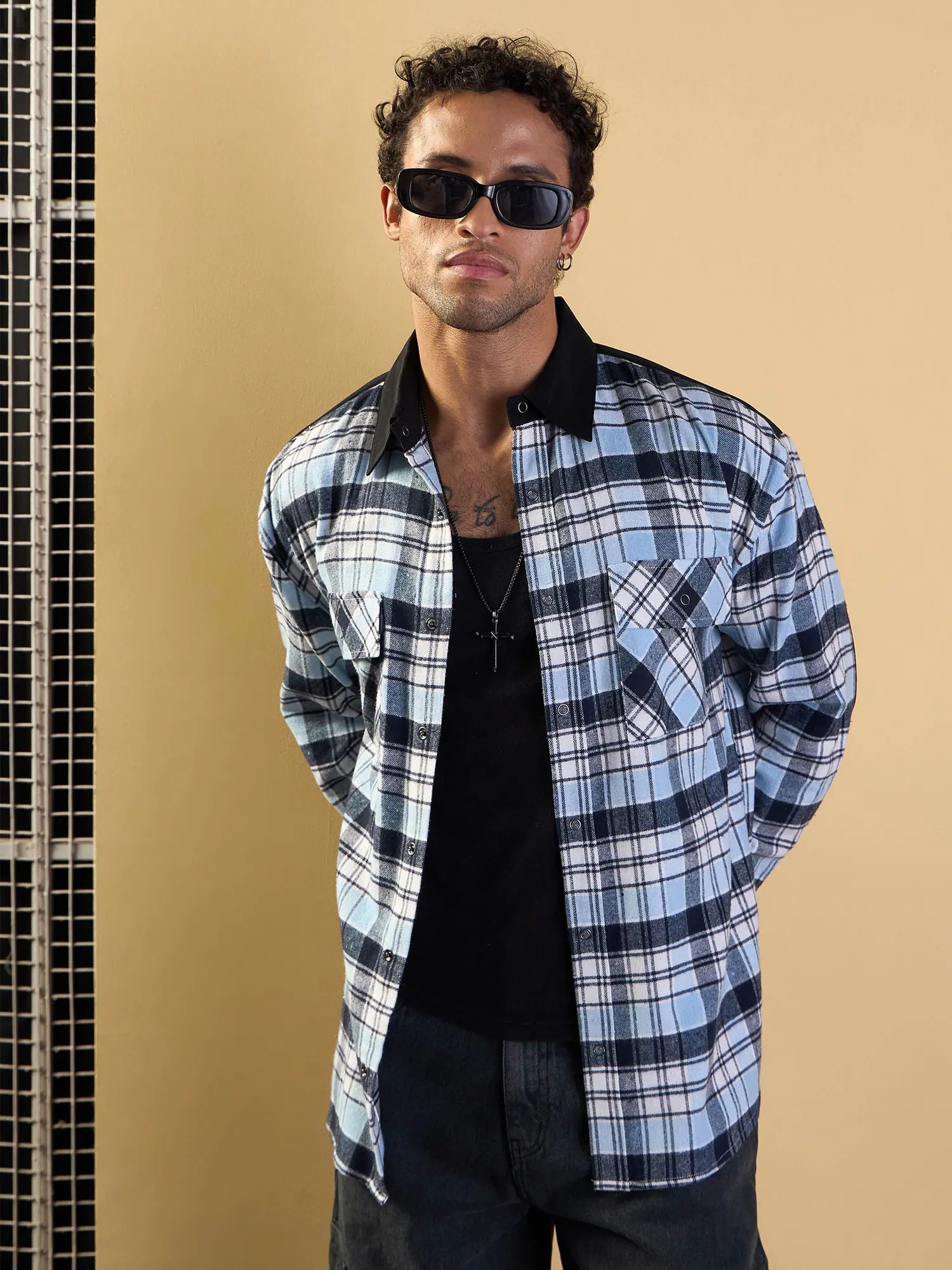 Blue & Navy Check Elbow Patch Cotton Oversize Mens Shirt