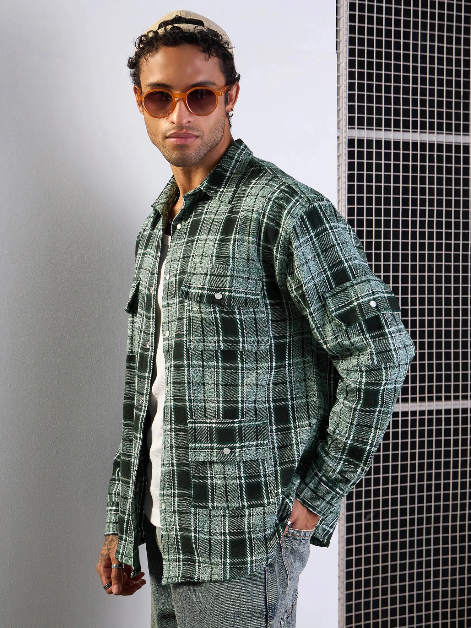 Men's Green Check Oversize Cotton Shirt with Utility Pocket