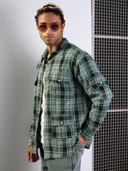 Men Green Check Utility Pocket Oversize Shirt-MSSHRT20494