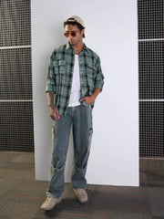 Men Green Check Utility Pocket Oversize Shirt-MSSHRT20494