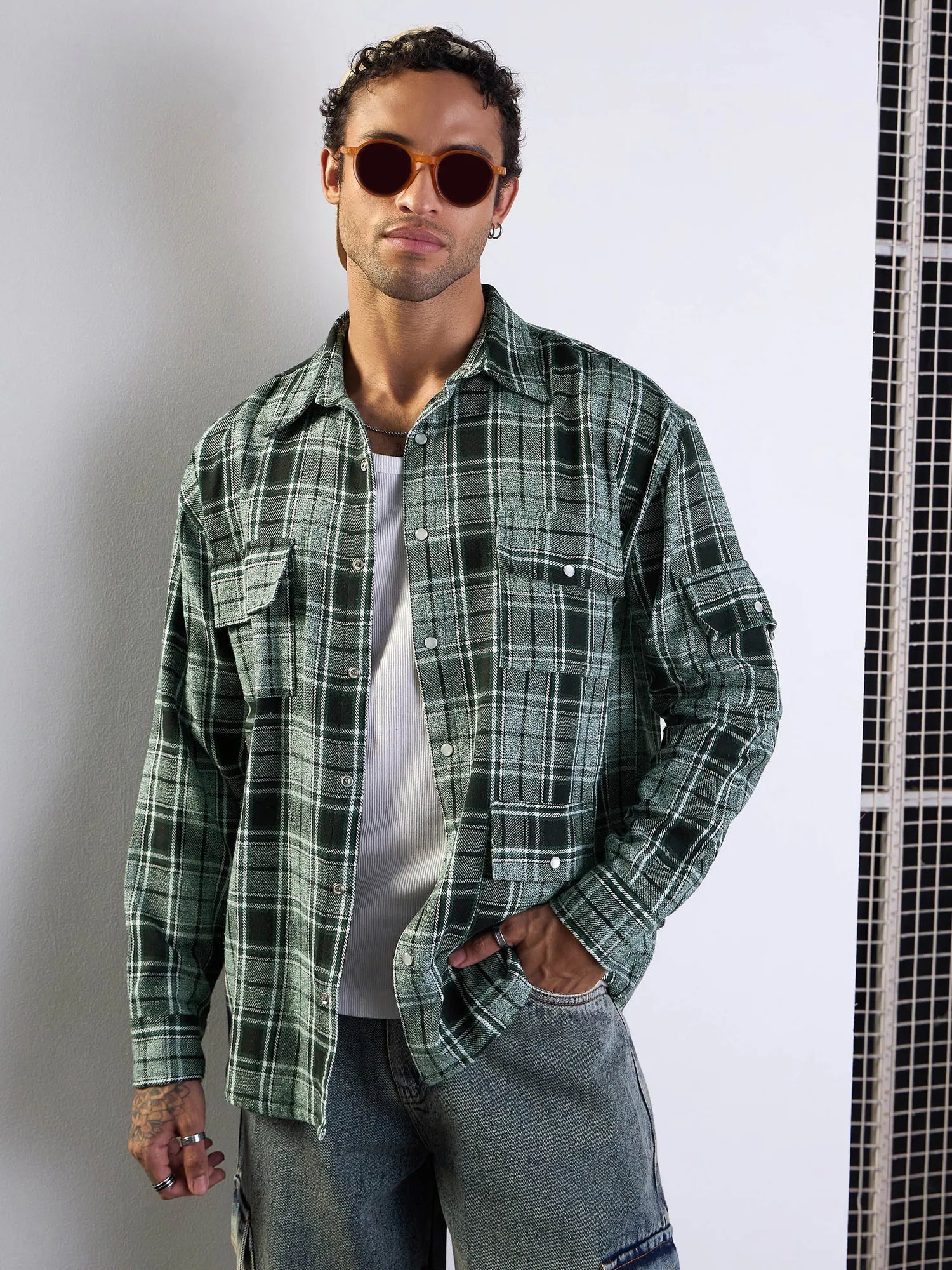Men's Green Check Oversize Cotton Shirt with Utility Pocket