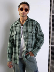 Men Green Check Utility Pocket Oversize Shirt-MSSHRT20494