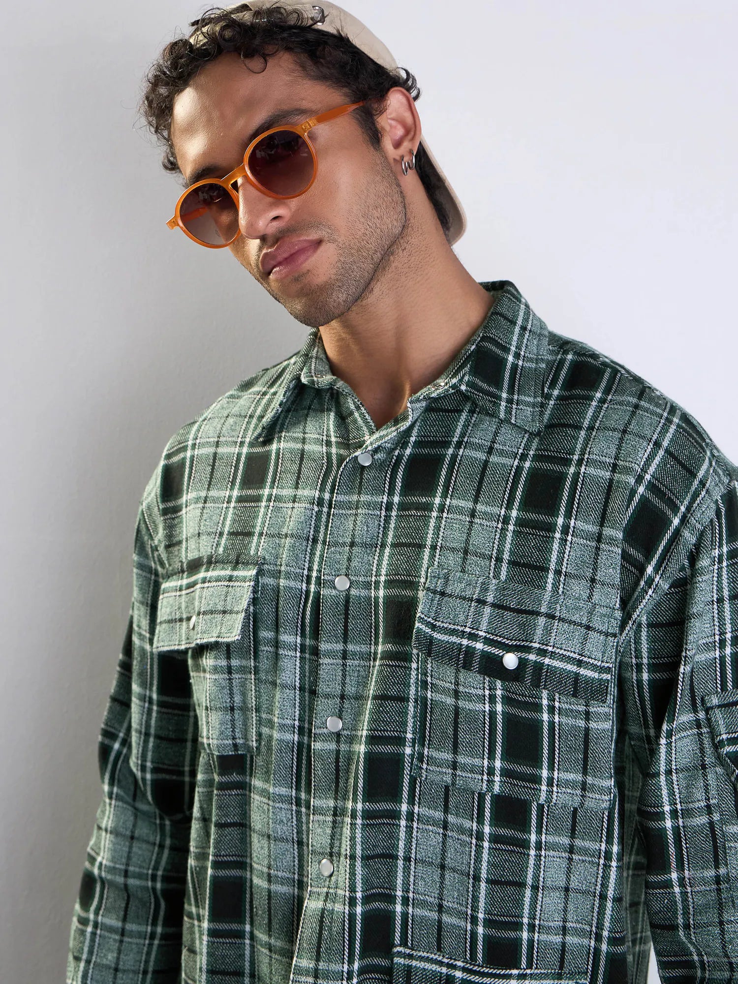 Men's Green Check Oversize Cotton Shirt with Utility Pocket