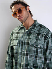 Men Green Check Utility Pocket Oversize Shirt-MSSHRT20494