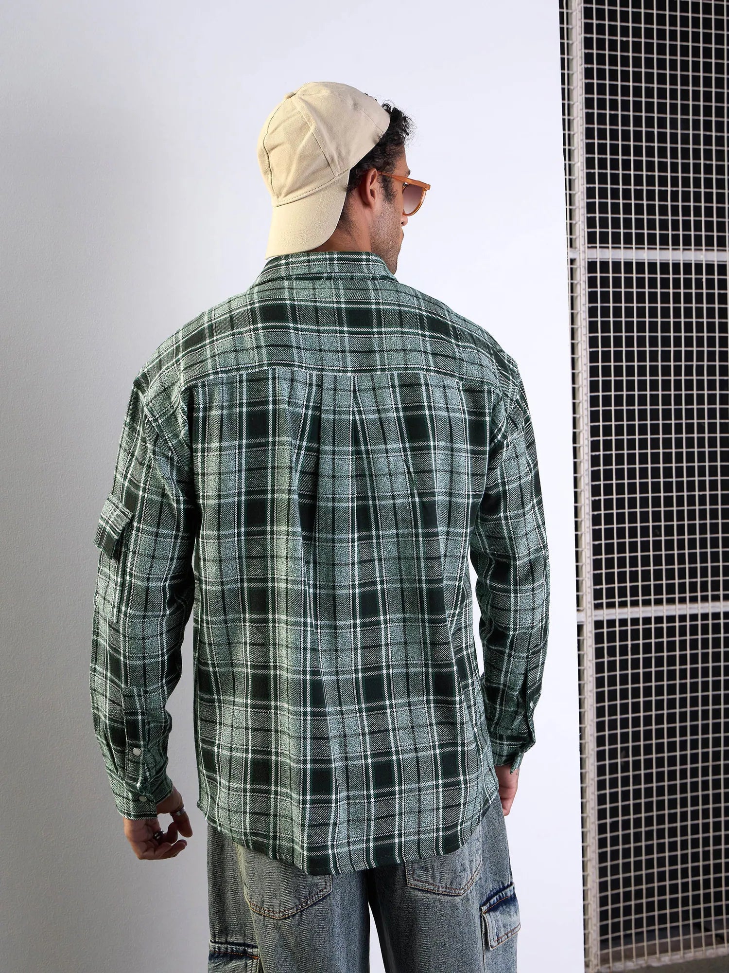 Men's Green Check Oversize Cotton Shirt with Utility Pocket