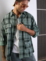 Men Green Check Utility Pocket Oversize Shirt-MSSHRT20494