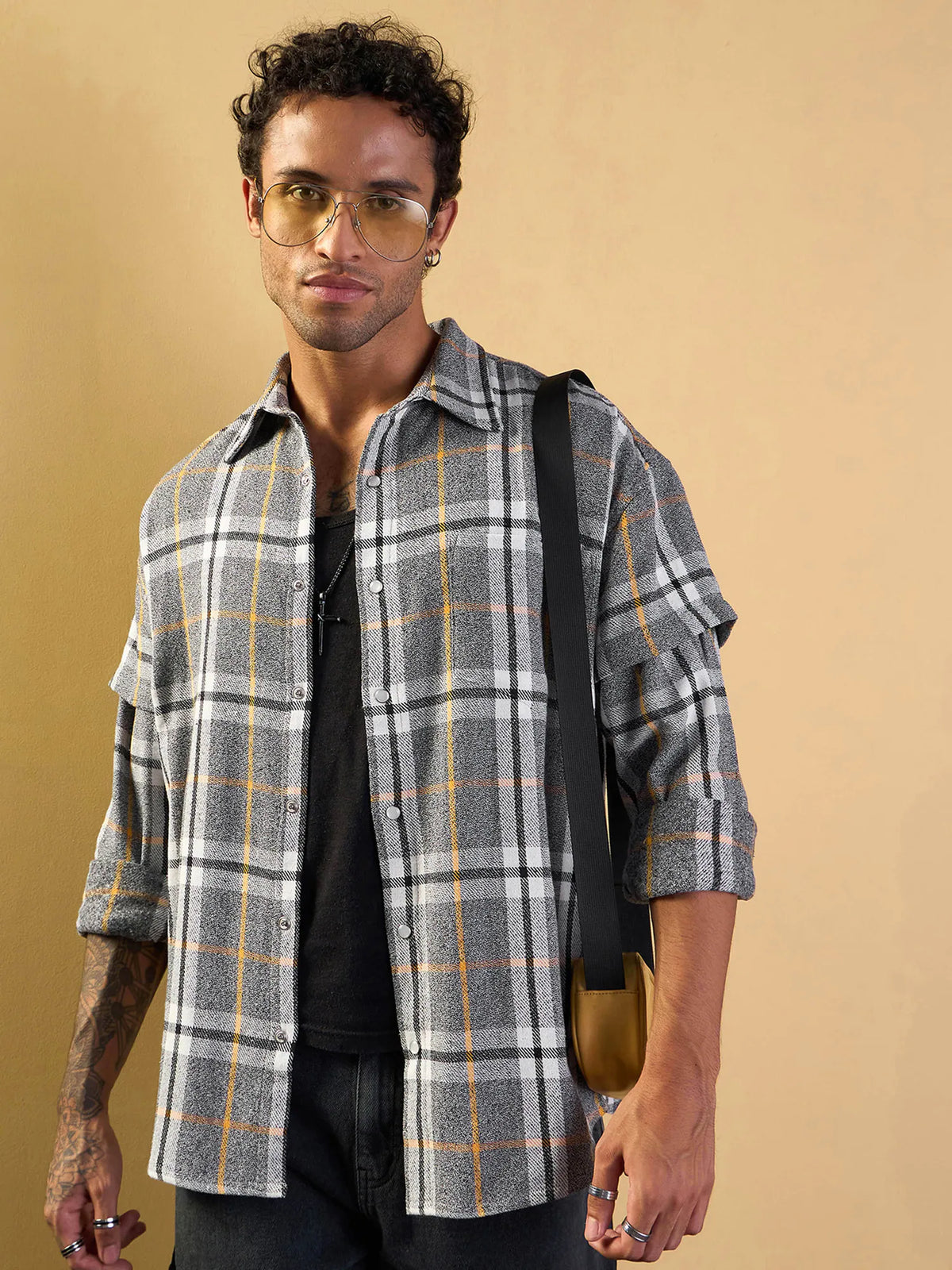 Men Grey & White Check Overlap Sleeves Oversize Shirt-MSSHRT20495