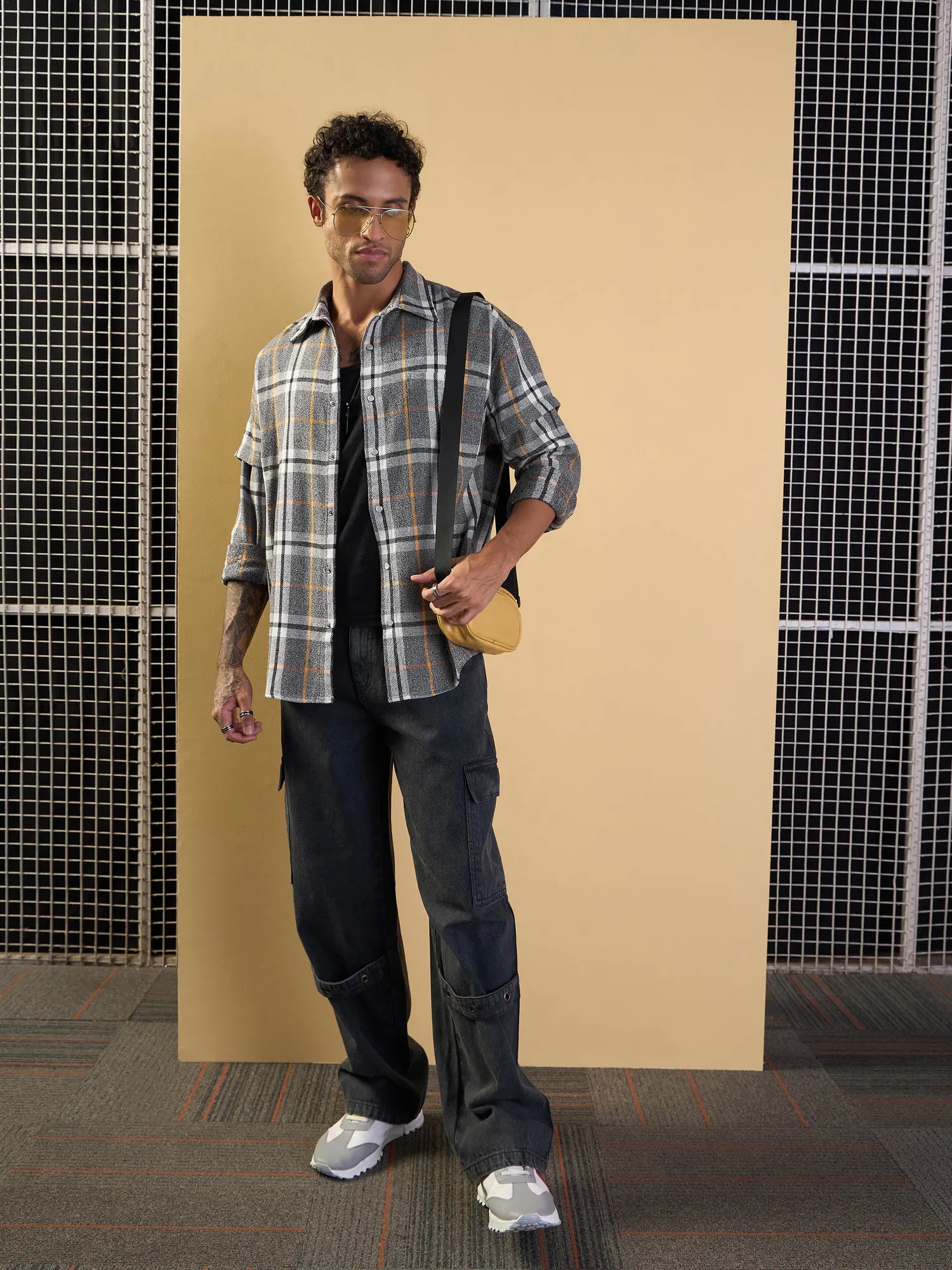 Grey & White Check Oversize Cotton Mens Shirt | Overlap Sleeves