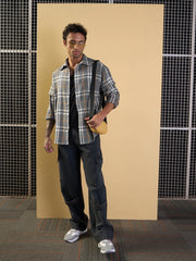 Men Grey & White Check Overlap Sleeves Oversize Shirt-MSSHRT20495