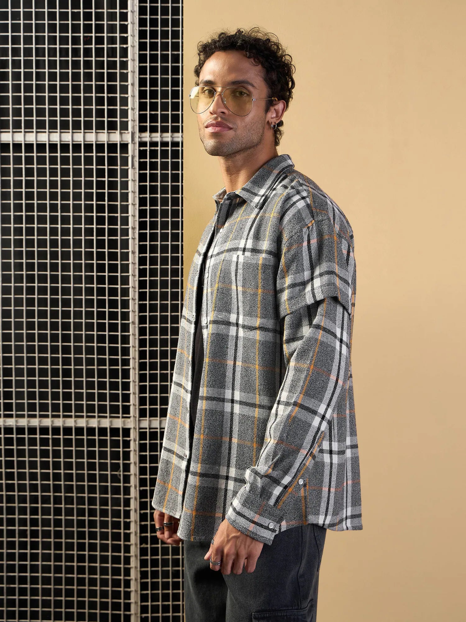 Grey & White Check Oversize Cotton Mens Shirt | Overlap Sleeves