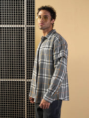 Men Grey & White Check Overlap Sleeves Oversize Shirt-MSSHRT20495