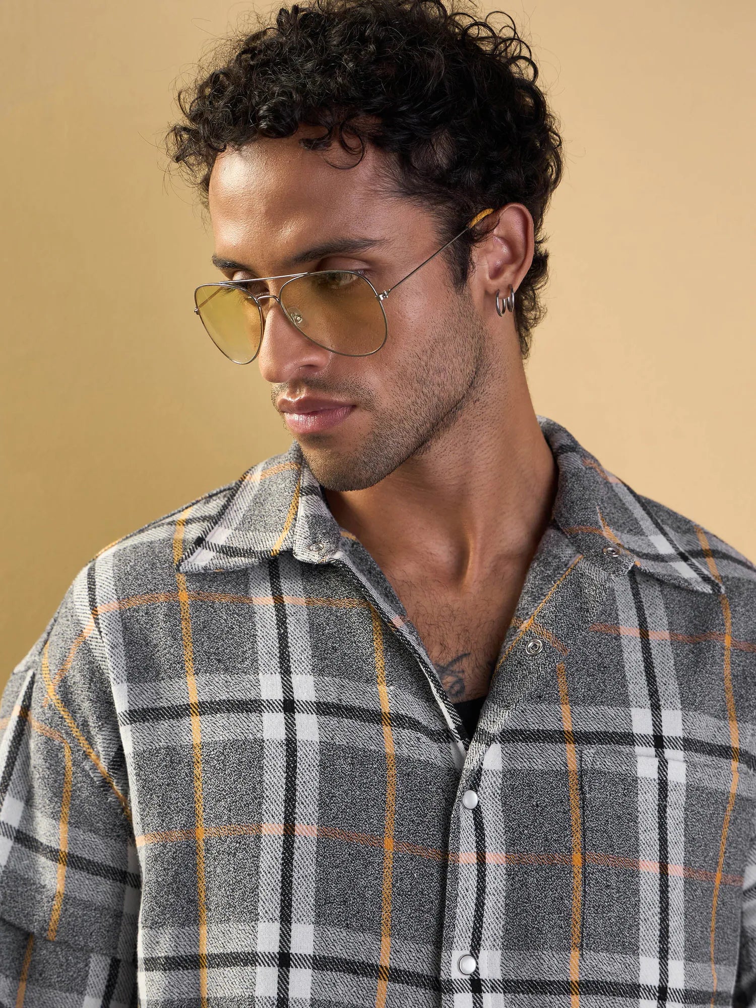 Grey & White Check Oversize Cotton Mens Shirt | Overlap Sleeves