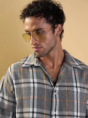 Men Grey & White Check Overlap Sleeves Oversize Shirt-MSSHRT20495