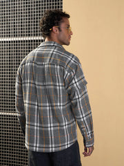 Men Grey & White Check Overlap Sleeves Oversize Shirt-MSSHRT20495