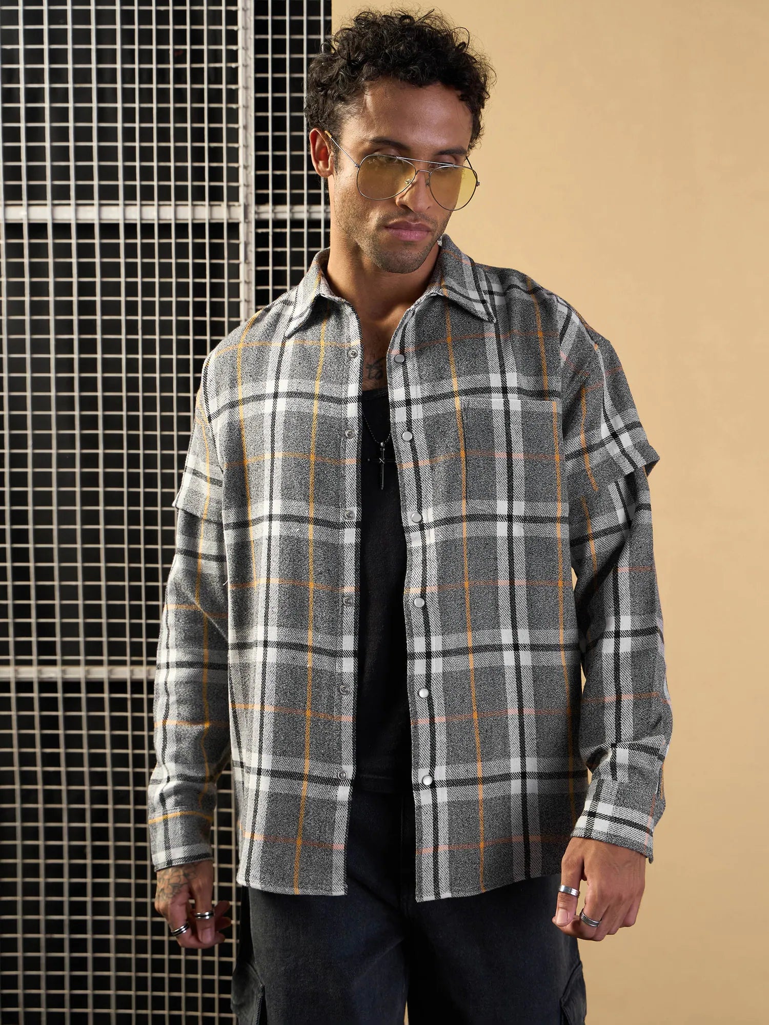 Grey & White Check Oversize Cotton Mens Shirt | Overlap Sleeves