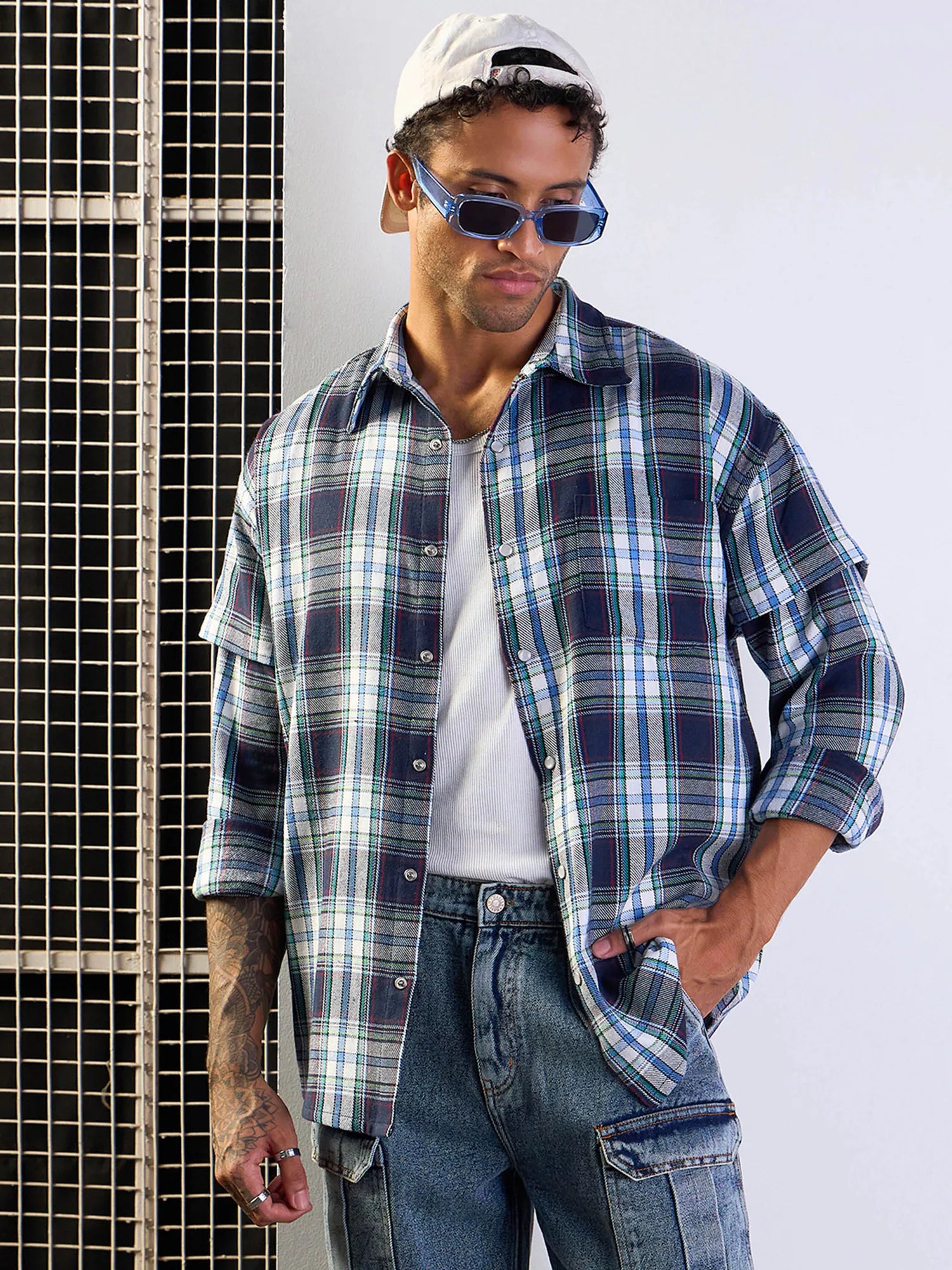 Blue & White Check Mens Shirt - Cotton Oversize Printed Shirt