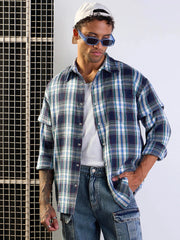 Men Blue & White Check Overlap Sleeves Oversize Shirt-MSSHRT20496