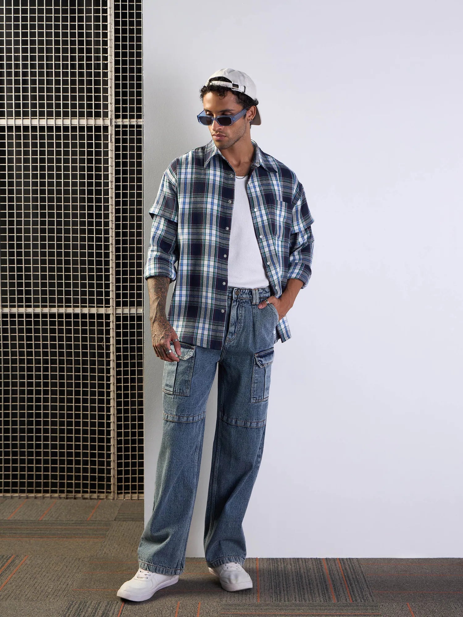 Blue & White Check Mens Shirt - Cotton Oversize Printed Shirt
