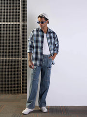 Men Blue & White Check Overlap Sleeves Oversize Shirt-MSSHRT20496