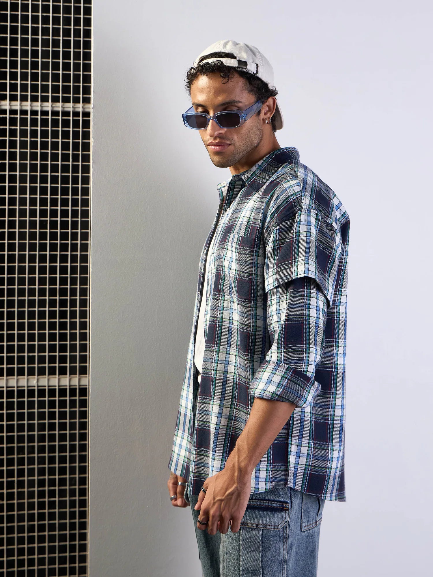 Blue & White Check Mens Shirt - Cotton Oversize Printed Shirt