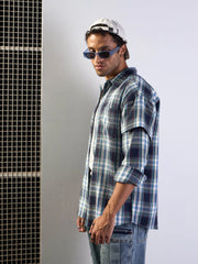 Men Blue & White Check Overlap Sleeves Oversize Shirt-MSSHRT20496