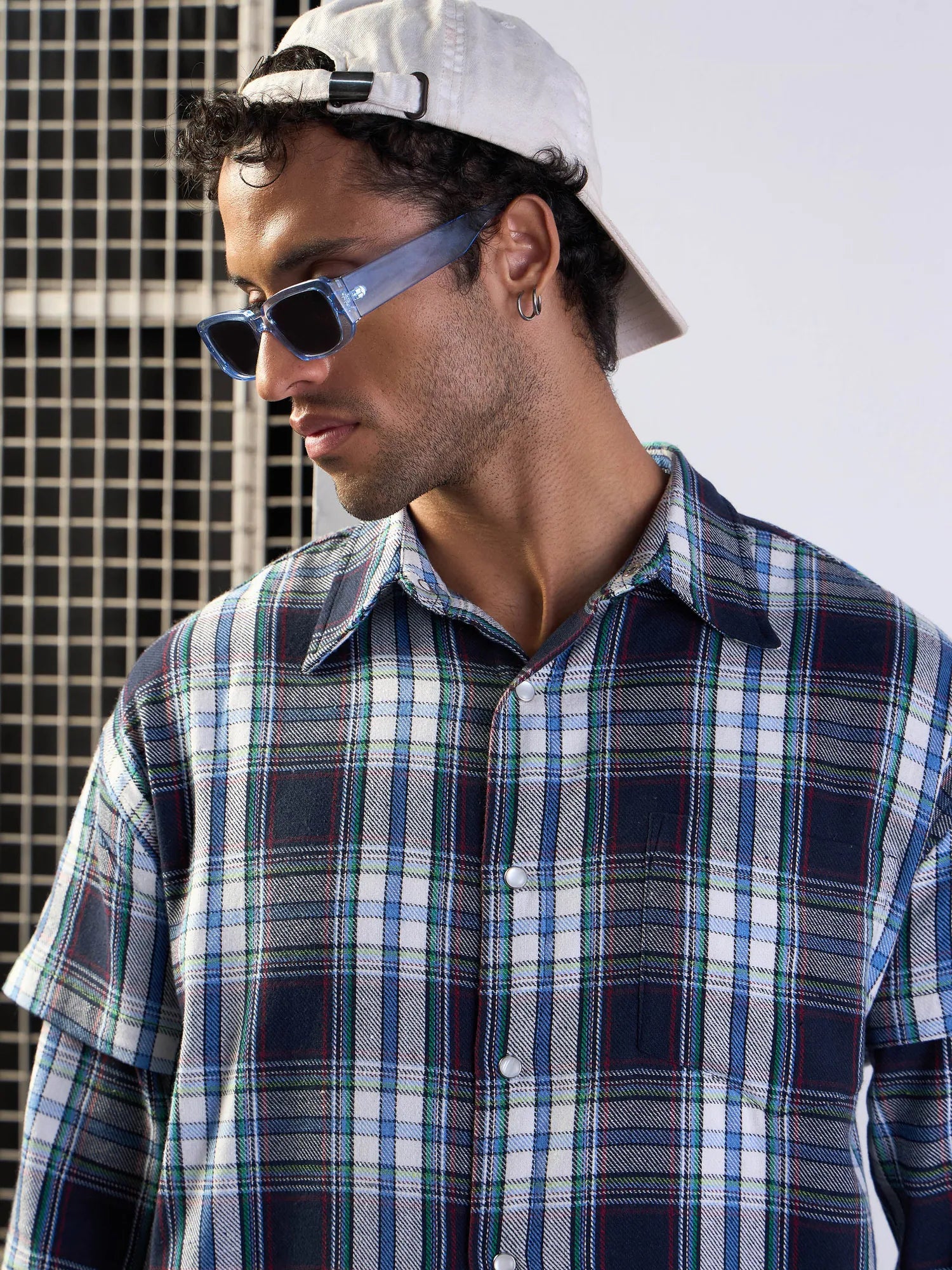 Blue & White Check Mens Shirt - Cotton Oversize Printed Shirt
