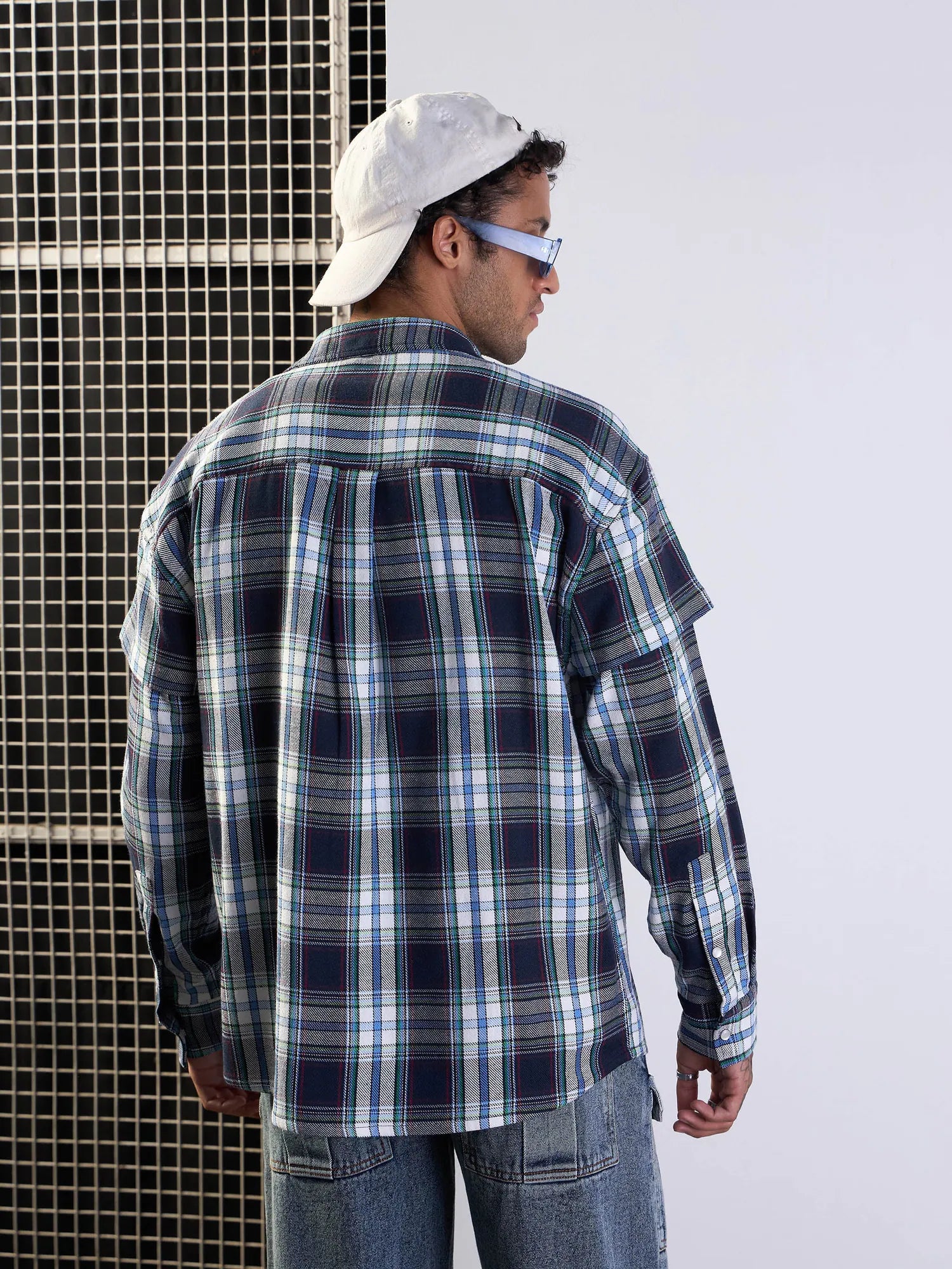 Blue & White Check Mens Shirt - Cotton Oversize Printed Shirt
